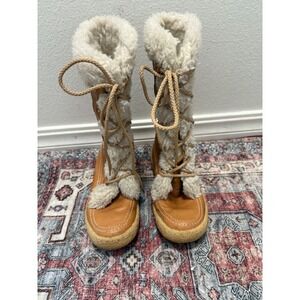 Tan Leather Fur Lined Lace‎ Up Winter Snow Boots Size 6 Made in Canada